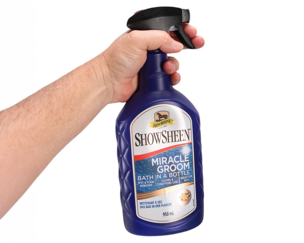 Absorbine ShowSheen Miracle Groom image showing bottle being held to give indication of size