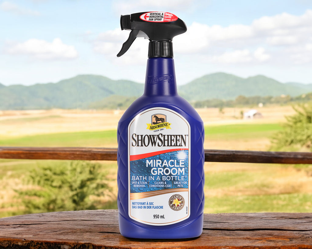 Absorbine ShowSheen Miracle Groom Bath in a Bottle on a fence