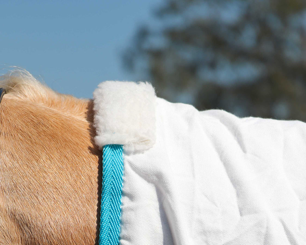 Kool Master Flag Horse Rug Combo White w/Turquoise - image showing fleece at horse's poll