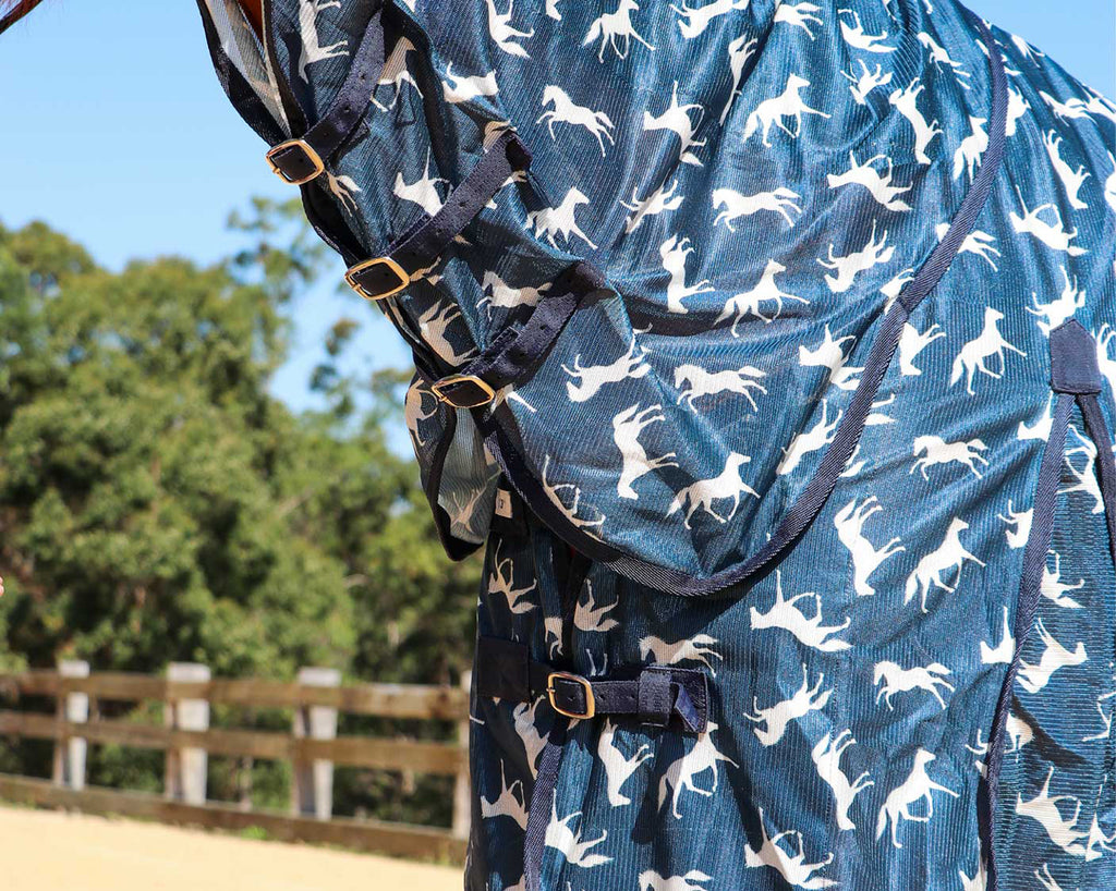 Horsemaster Fly Mesh Horse Print Combo - image showing chest buckles & neck rug fastenings