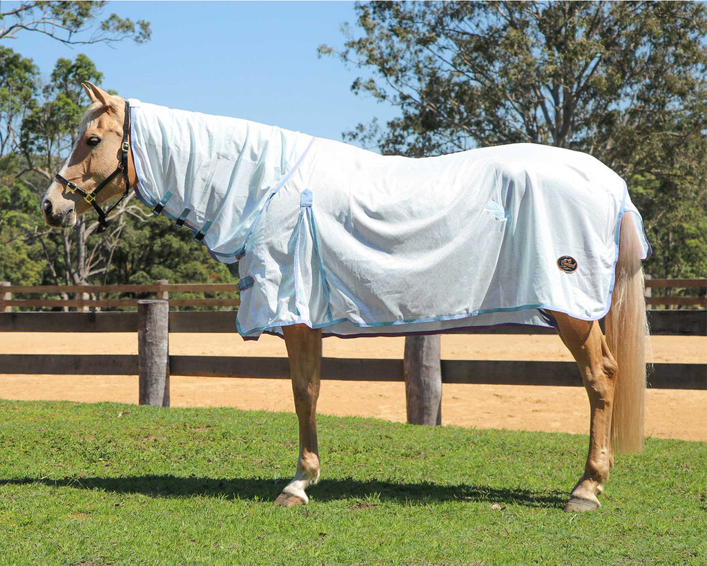 Conrad Fly Mesh Horse Rug Combo White w/Blue Trim - image showing side view