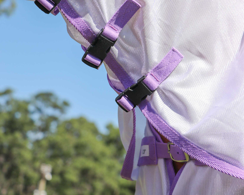 Conrad Fly Mesh Horse Rug Combo White w/Purple Trim - image showing chest buckle & neck rug fastenings