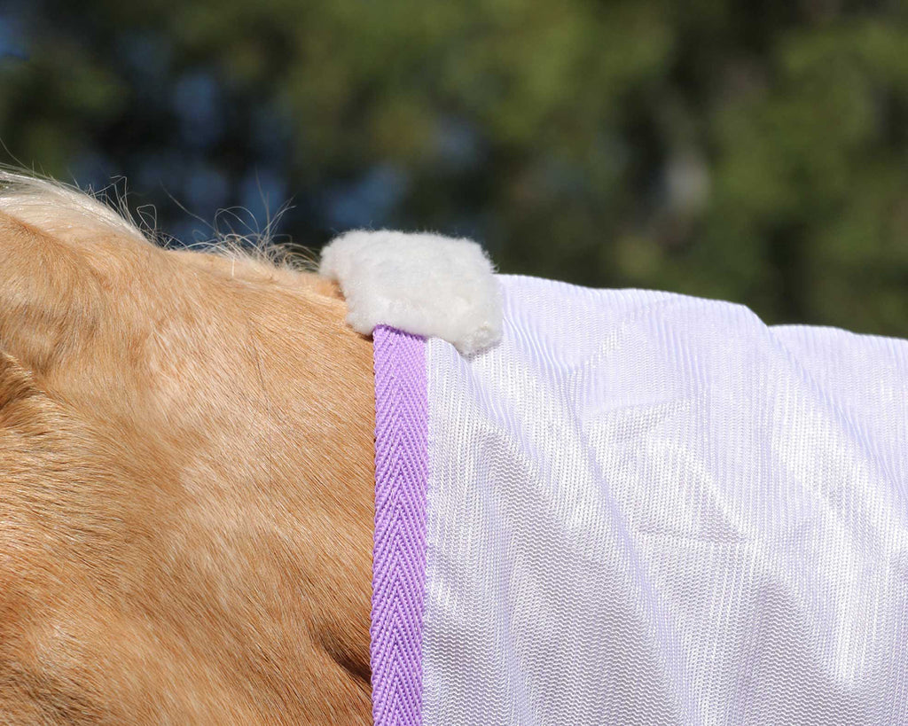 Conrad Fly Mesh Horse Rug Combo White w/Purple Trim - image showing fleece at horse's poll.