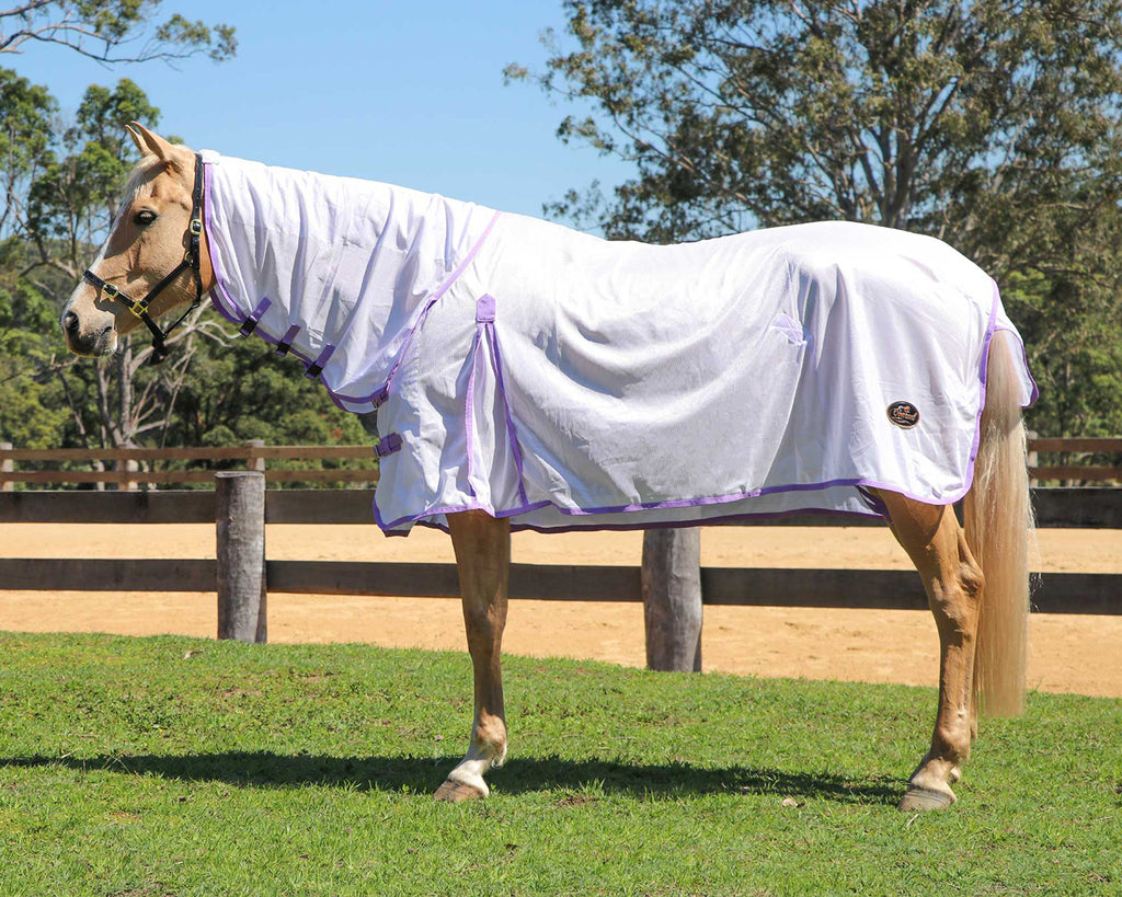 Conrad Fly Mesh Horse Rug Combo White w/Purple Trim - image showing side view