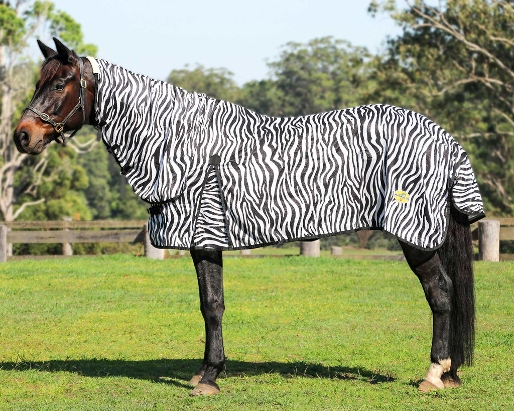 Kool Master Fly Mesh Horse Rug Combo - Zebra Print, image showing side view on horse