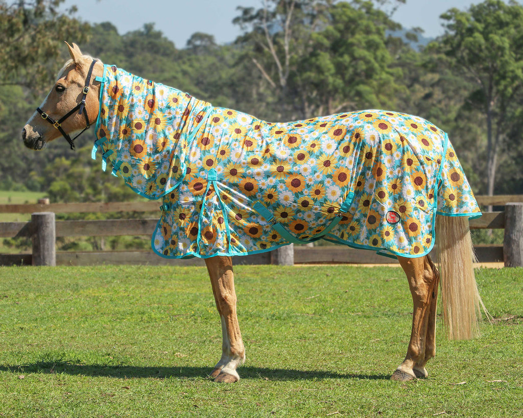 Kool Master Fly Mesh Combo w/Surcingles - Sunflowers Print, image showing side view on horse