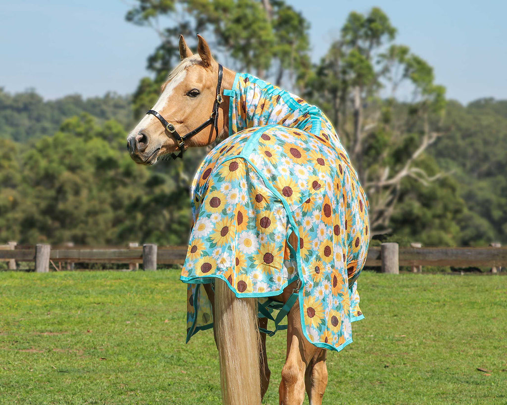 Kool Master Fly Mesh Combo w/Surcingles - Sunflowers Print, image showing rear view on horse