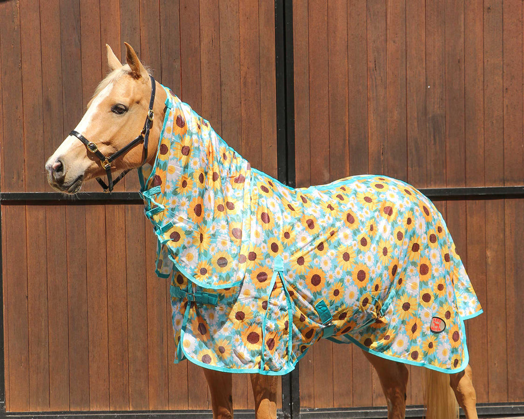 Kool Master Fly Mesh Combo w/Surcingles - Sunflowers Print, image showing front/side view on horse