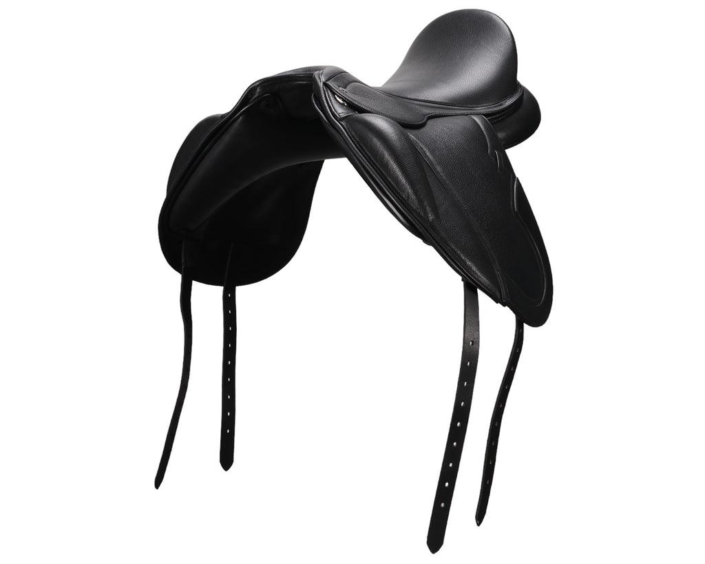 Sterling Monoflap Dressage Saddle in black leather - image showing view from front/side angle