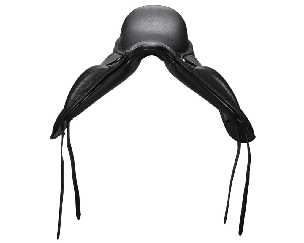 Sterling Monoflap Dressage Saddle in black leather, image showing front of saddle