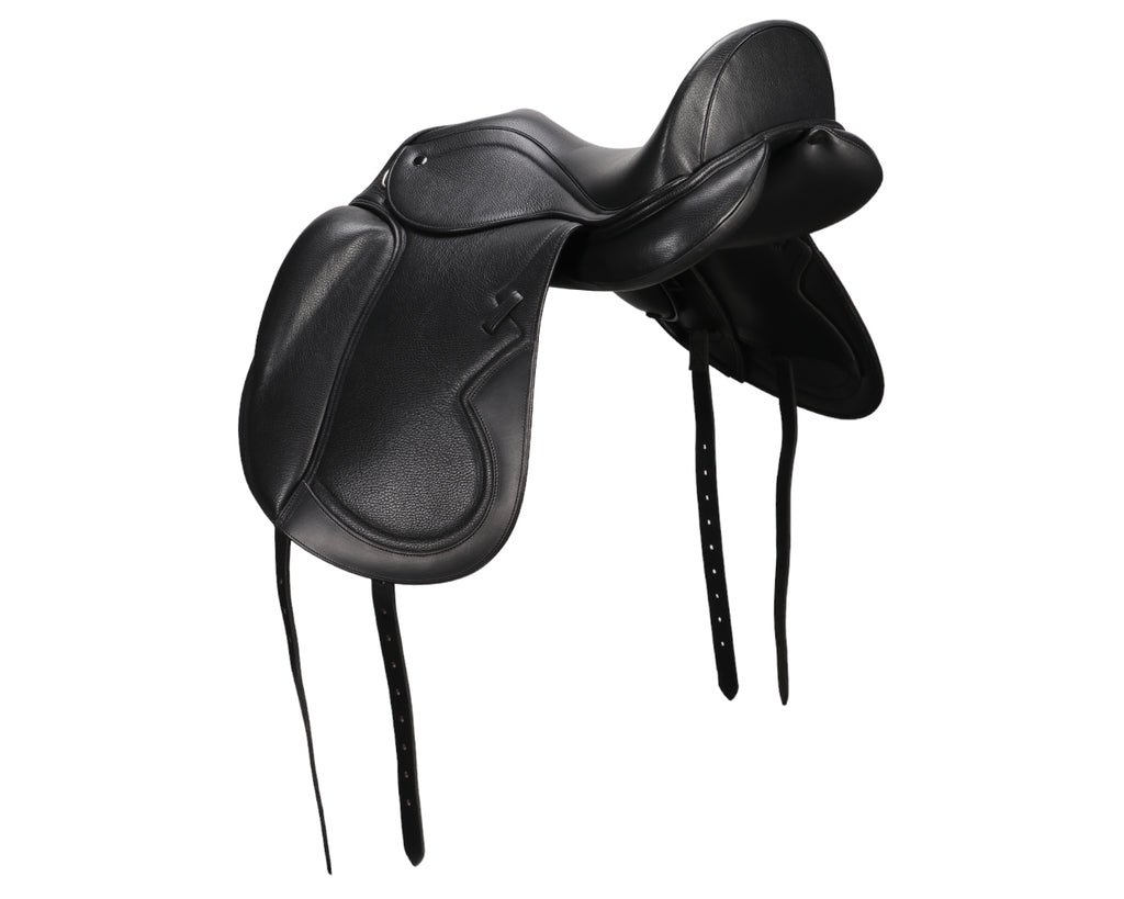 Sterling Monoflap Dressage Saddle in black leather, image showing view from side/rear at an angle