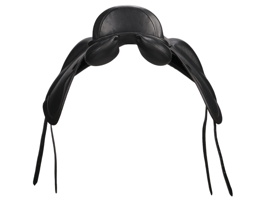 Sterling Monoflap Dressage Saddle in black leather, image from back of saddle